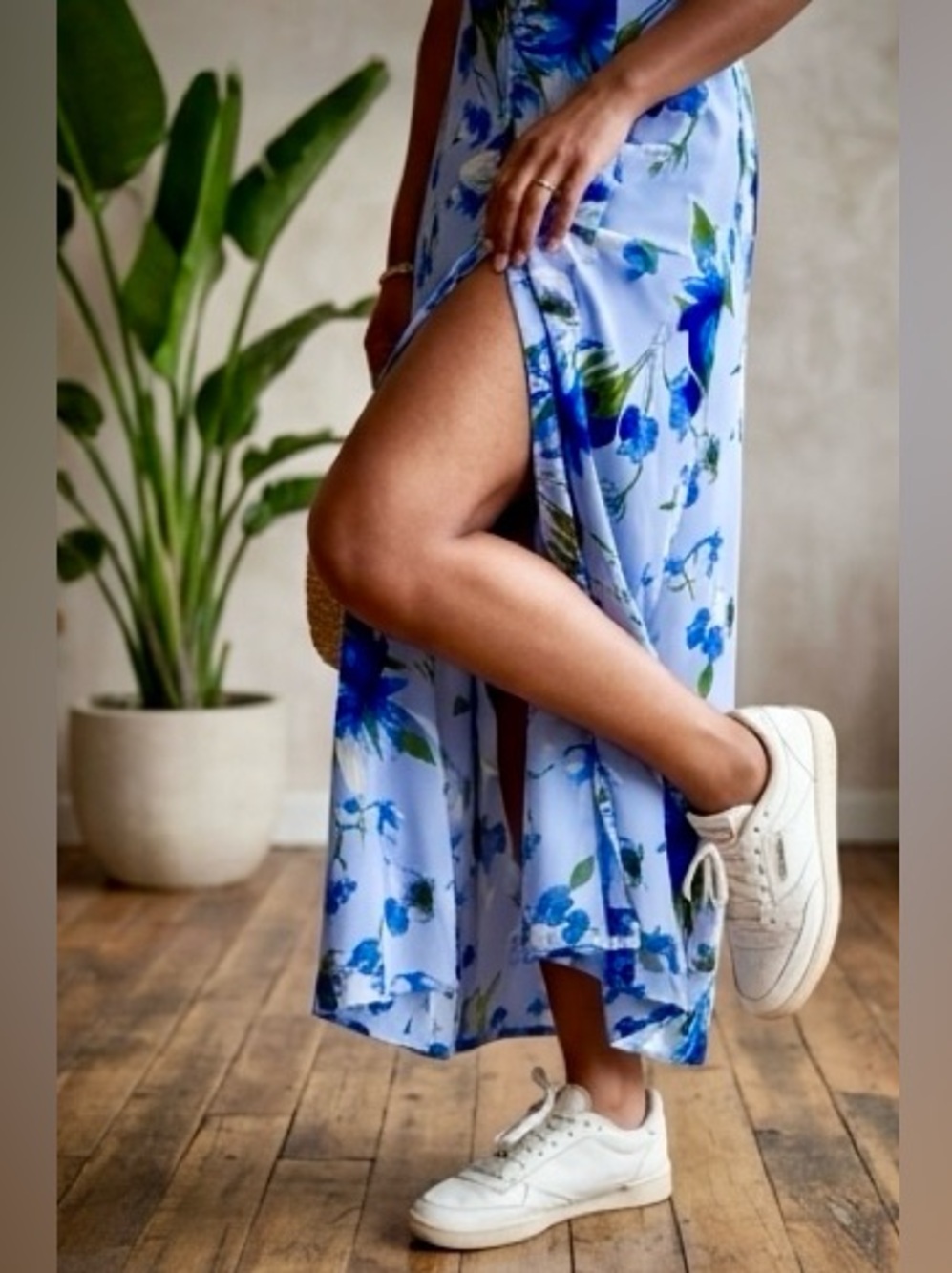 VTG 90s Expressions Periwinkle Blue Floral Button Down Maxi Dress Slit Size 8 - Picture 2 of 9